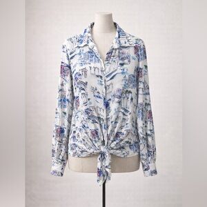Karen Kane Blue and White Patterned Button-Down Shirt